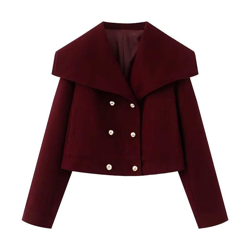 Damen cropped marineinspirierter Kurzmantel-Blouson mit übergroßem Schalkragen und dekorativer Doppelknopfleiste – Célinea