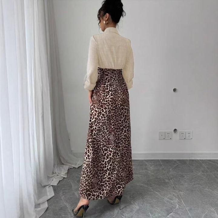 Damen Hemdblusenkleid mit Jeansoberteil und Leoparden-Maxirock – Élovi