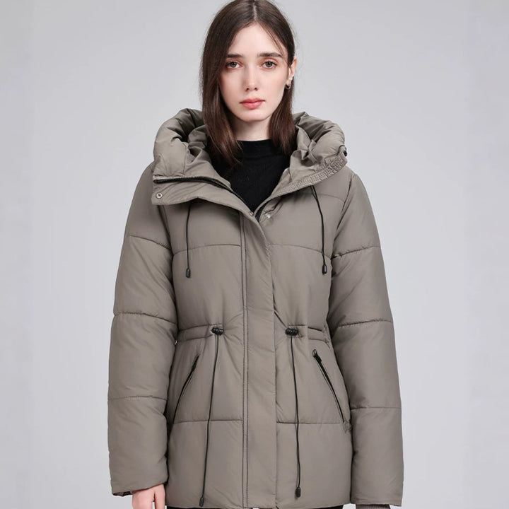 Damen Wattierter Mid‑Length Parka mit Kapuze, Taillenzug und Reißverschlusstaschen Echo Archiv