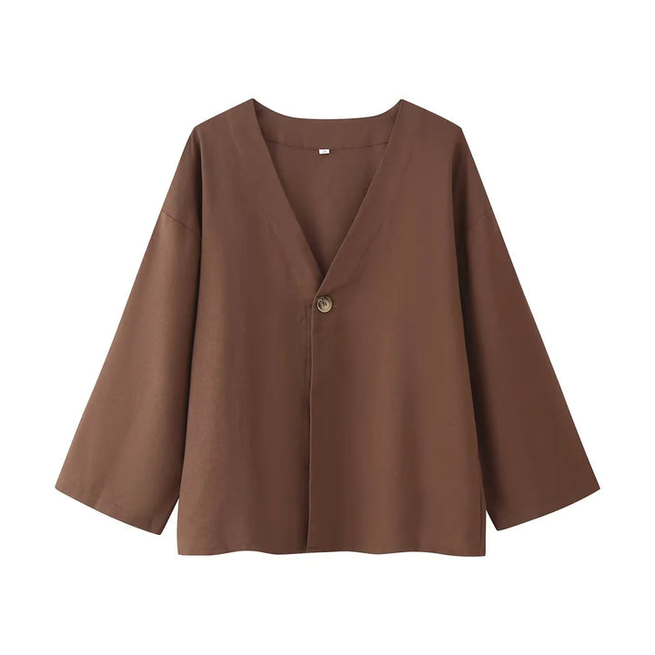 Damen lässiges Zweiteiler-Set mit V‑Ausschnitt Bluse und weitem Bundhose – Élanora