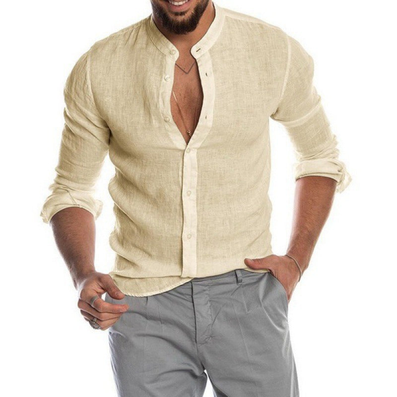 Herren Leichtes Leinenhemd mit Stehkragen, Slim-Fit und durchgehender Knopfleiste Echo Archiv