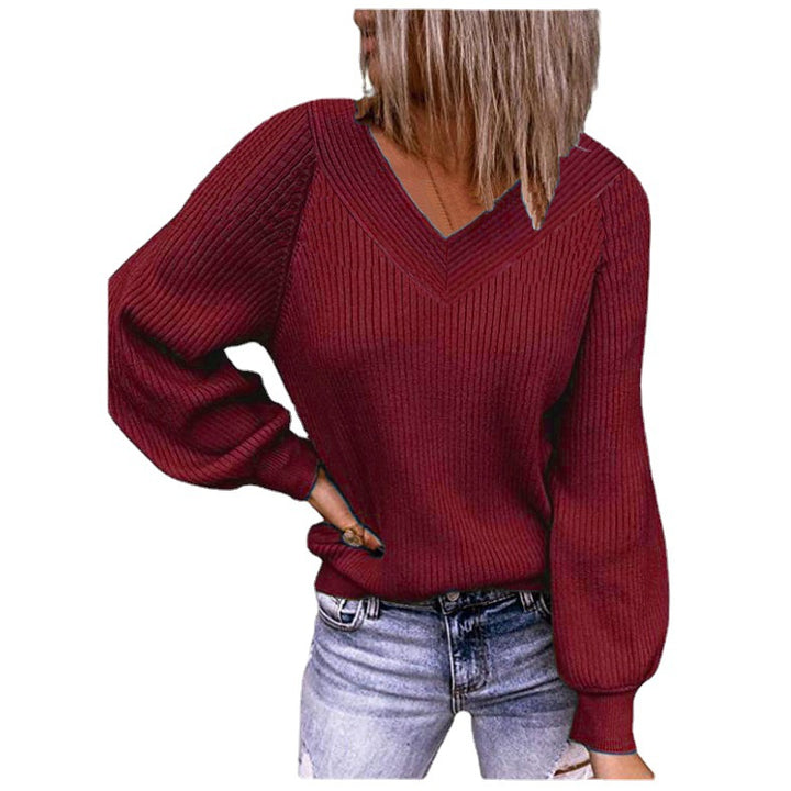 Damen Gerippter V‑Ausschnitt Pullover mit Ballonärmeln und lässiger Passform Echoarchiv