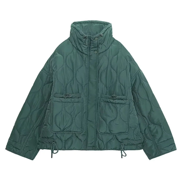 Damen gesteppter Kurzblouson mit hohem Stehkragen, Tunnelzugsaum und großen aufgesetzten Taschen – Célinea