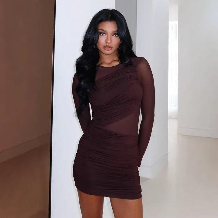 Damen Modernes Minikleid mit transparenten Ärmeln und figurformenden Rüschen Echo Archiv