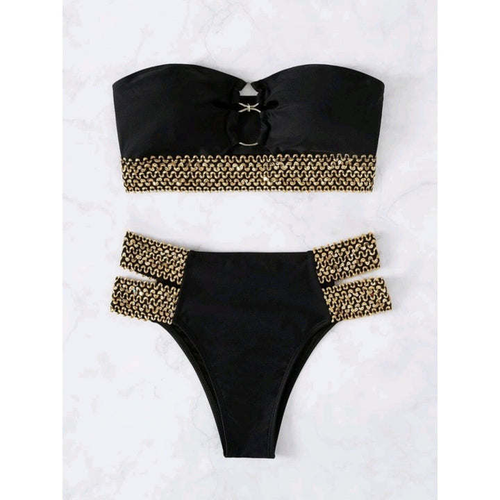 Damen Bandeau-Bikini mit goldenen Akzenten und hohem Taillenschnitt Echo Archiv