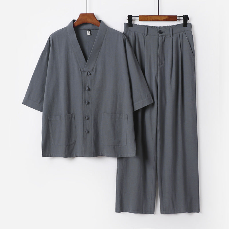 Unisex Zen-inspiriertes Relax-Set mit Kurzarm-Kimono-Oberteil, verdeckter Knopfleiste und elastischer Bundhose Echoarchiv