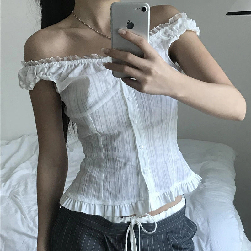 Damen Off-Shoulder Bluse mit Rüschensaum Echo Archiv