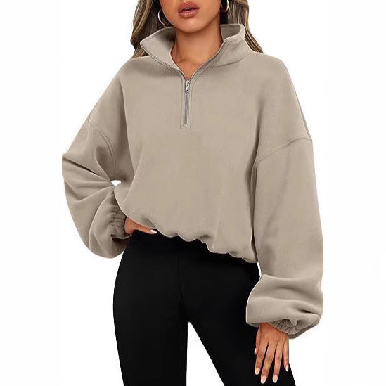 Damen nan kurz geschnittenes Halbzip-Sweatshirt mit hohem Stehkragen, Ballonärmeln und elastischem Saum Echo Archiv