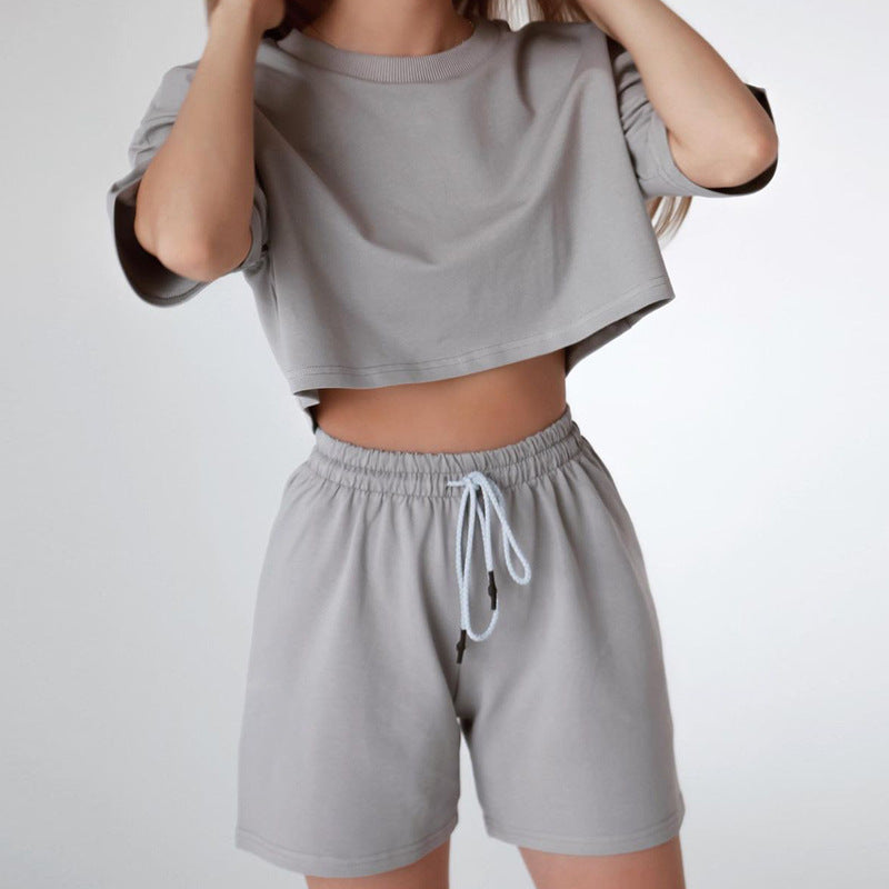 Damen Zweiteiliges Cropped-Lounge-Set aus Baumwolljersey mit elastischer Kordelzug-Shorts – Élanora