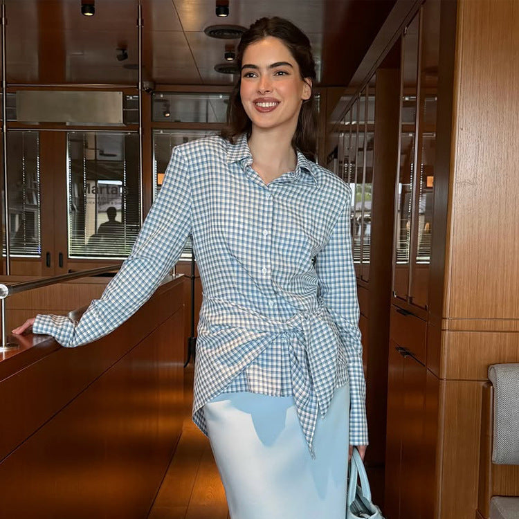 Damen Gingham-Wickelbluse mit seitlicher Taillenbinde und Hemdkragen Echoarchiv