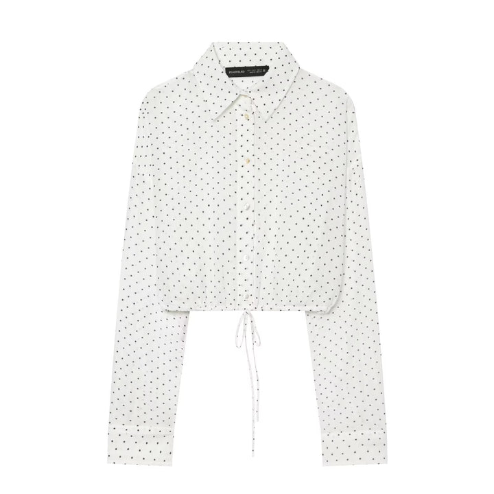 Damen Gepunktete Cropped-Bluse mit Kordelzug und Hemdkragen Echo Archiv