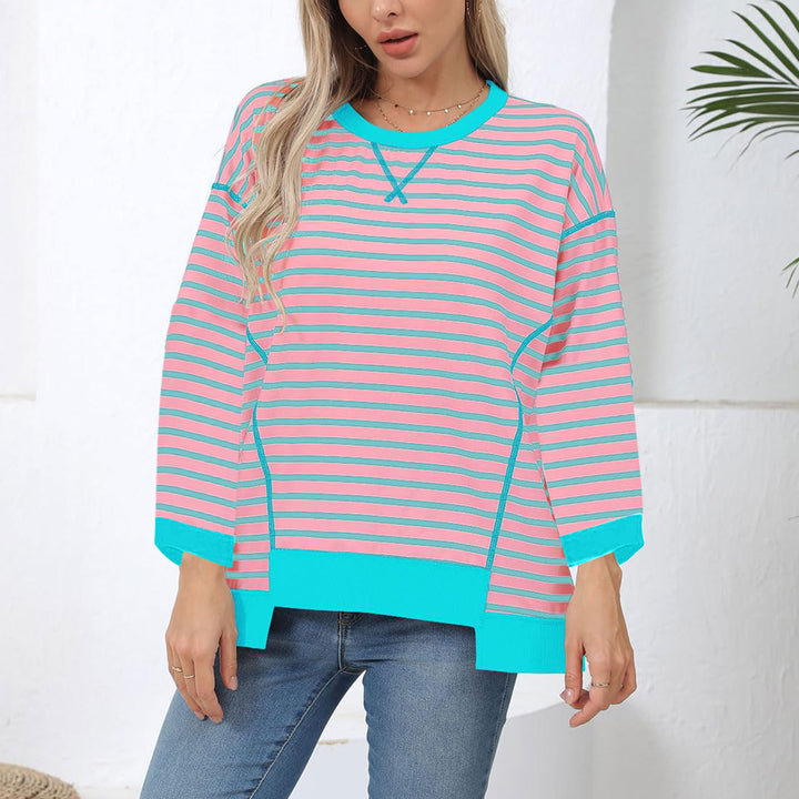 Damen nan oversized gestreifter Sweatshirtpullover mit kontrastsaum, überschnittener Schulter und seitlichen Schlitzen Echo Archiv