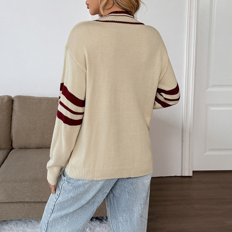 Damen Oversize V-Ausschnitt Strickpullover mit Off-Shoulder-Detail und Kontraststreifen Echoarchiv