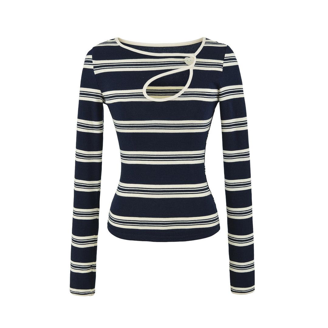 Damen Gestreiftes Feinstrick-Top mit asymmetrischem Herzknopf Echoarchiv