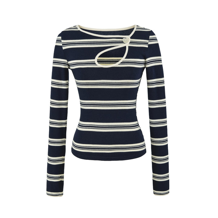 Damen Gestreiftes Feinstrick-Top mit asymmetrischem Herzknopf Echoarchiv