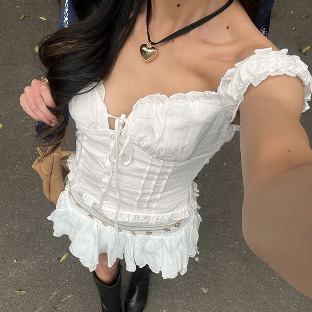 Damen Rüschenbluse mit zarten Schleifendetails und kurzärmeligen Puffärmel Echo Archiv