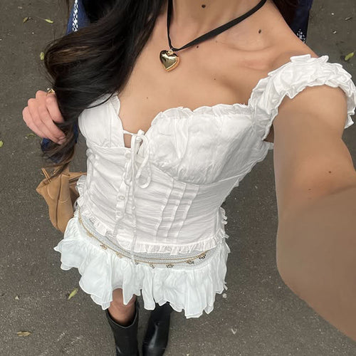 Damen Rüschenbluse mit zarten Schleifendetails und kurzärmeligen Puffärmel Echo Archiv