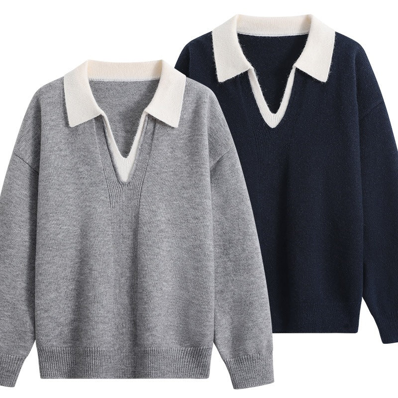 Damen Oversize-Polo-Strickpullover aus weichem Wollmix mit kontrastkragen und tiefem V-Ausschnitt Echoarchiv