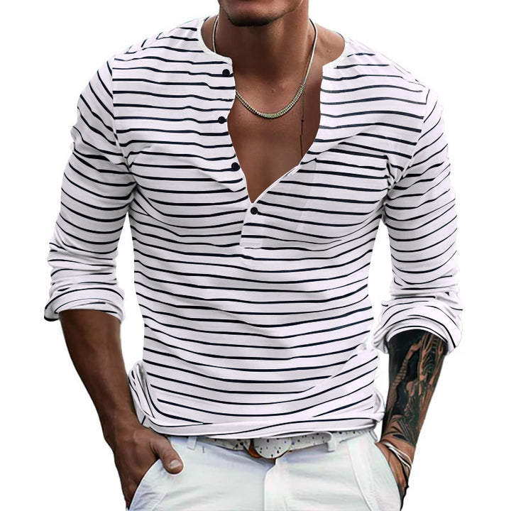 Herren Langarm-Henley-Shirt mit klassischem Streifenmuster und Knopfleiste Echoarchiv