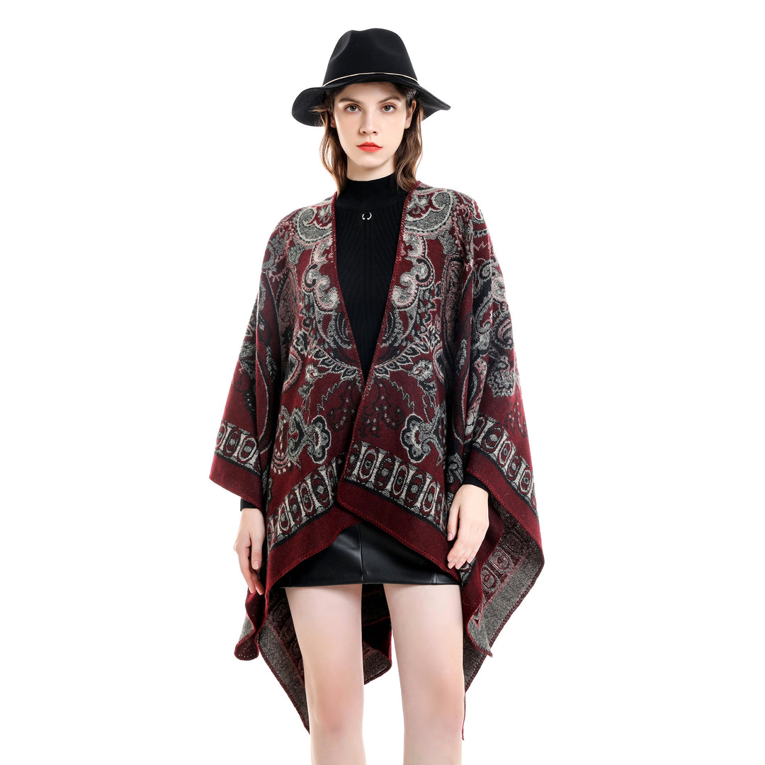 Damen Jacquard-gewebte Oversize-Ruana mit Ornamentik und offenem Kimono-Fall Echo Archiv