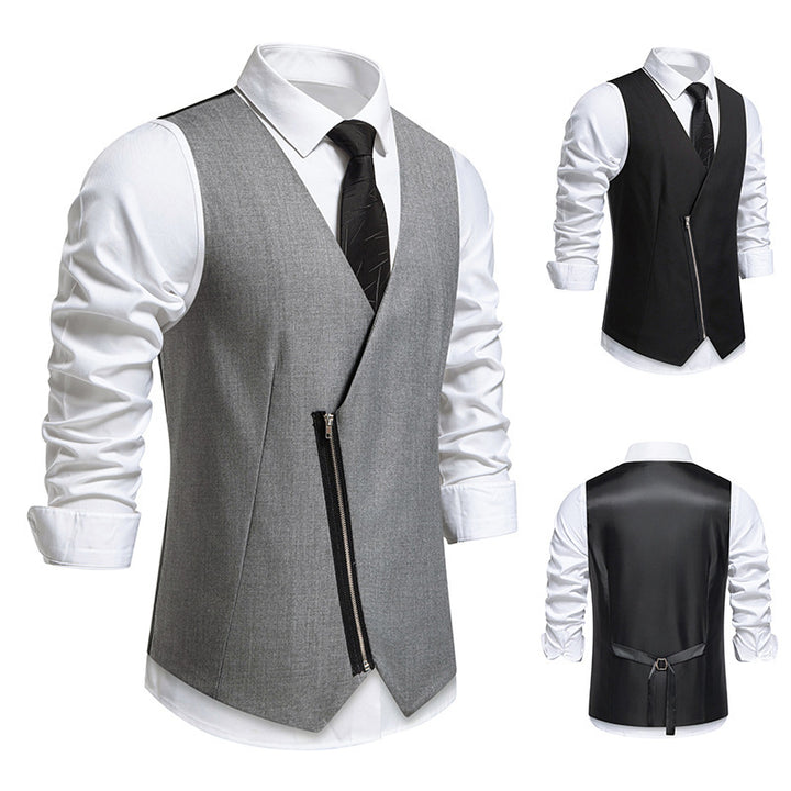 Herren moderne Anzugweste mit asymmetrischem Reißverschluss und eleganter Passform Echoarchiv