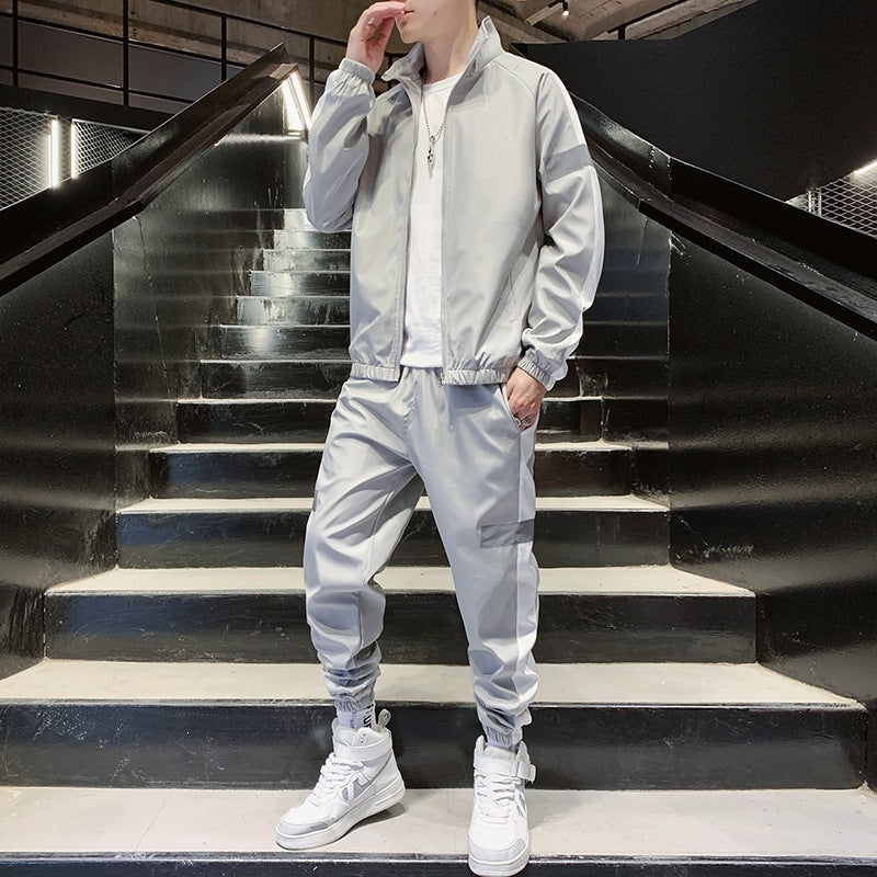 Herren Zweiteiliges Streetwear-Trainingsset mit Stehkragen, Kontraststreifen & reflektierenden Einsätzen Echoarchiv