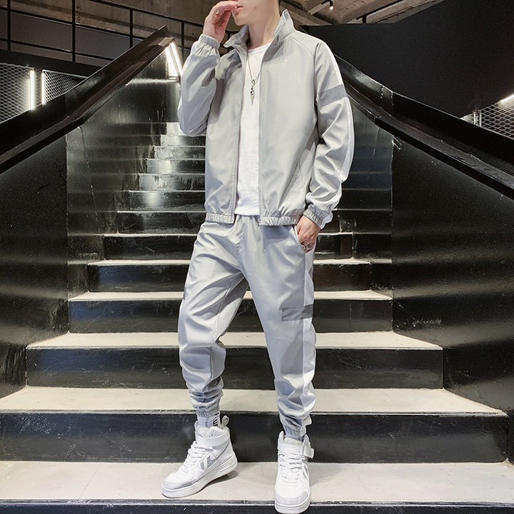 Herren Zweiteiliges Streetwear-Trainingsset mit Stehkragen, Kontraststreifen & reflektierenden Einsätzen Echoarchiv