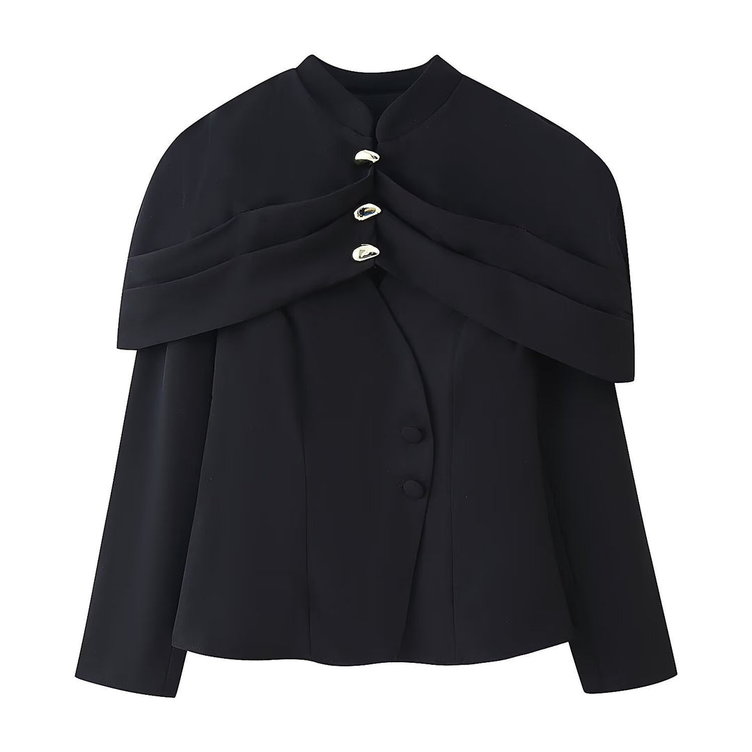 Damen Kurzer Taillierter Blazer mit Cape-Überwurf und Stehkragen Echoarchiv