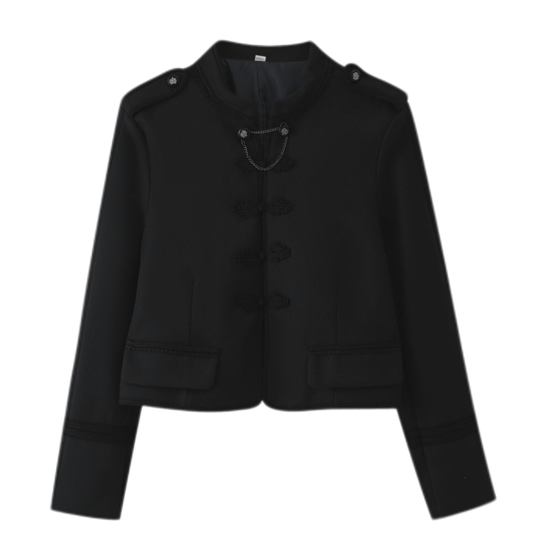 Damen Kurzjacke im Bouclé‑Look mit Mandarin‑Kragen, Kordelfroschverschluss und Zier‑Schulterklappen Echo Archiv