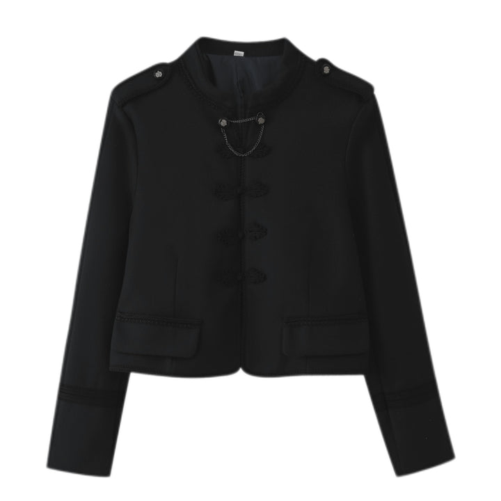 Damen Kurzjacke im Bouclé‑Look mit Mandarin‑Kragen, Kordelfroschverschluss und Zier‑Schulterklappen Echo Archiv