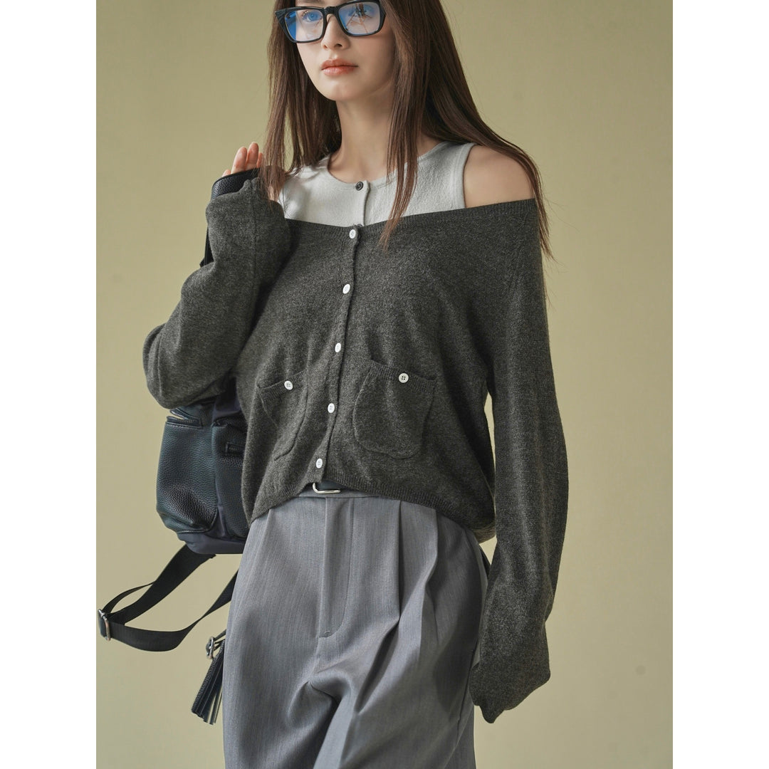 Damen Off-Shoulder Feinstrick-Cardigan mit Eingrifftaschen Echoarchiv
