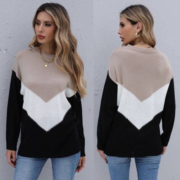 Damen Oversize-Feinstrickpullover mit Chevron-Colorblock und Rundhalsausschnitt Echoarchiv