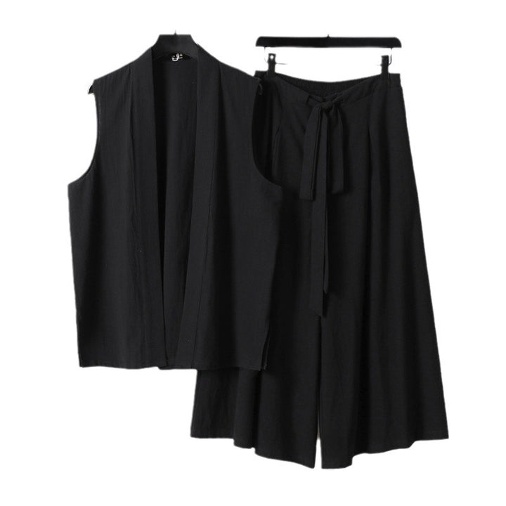 Damen Ärmellose Kimono-Weste und Hochtaillierte Culotte-Hose mit Bindegürtel Echoarchiv