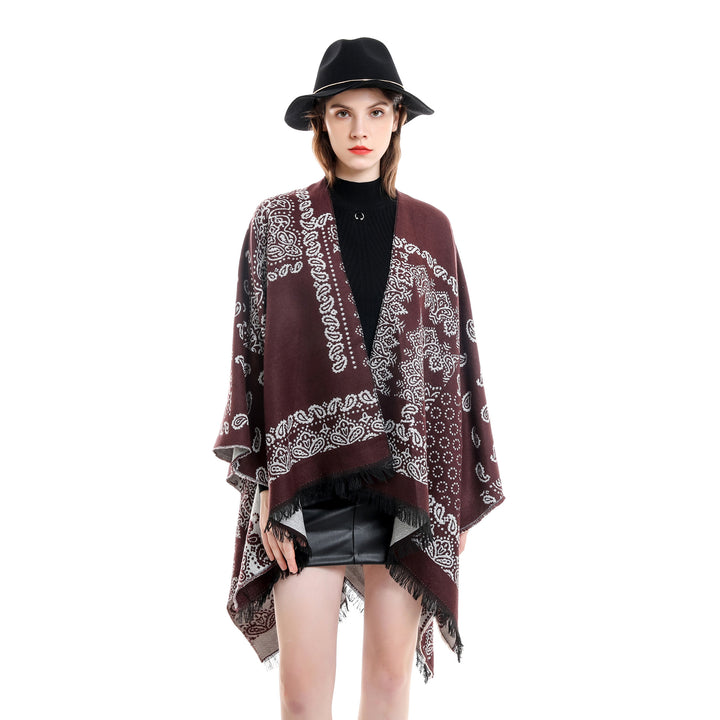 Damen Jacquard-Umhangponcho mit Paisley-Muster und Fransen Echo Archiv