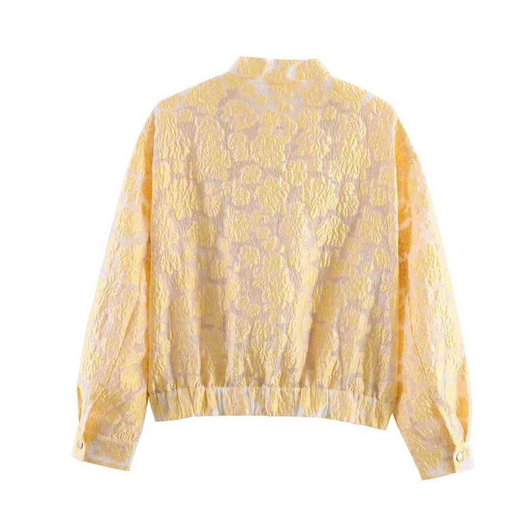 Damen Kurze florale Jacquard-Bomberjacke mit Reißverschluss und Pattentaschen Echo Archiv