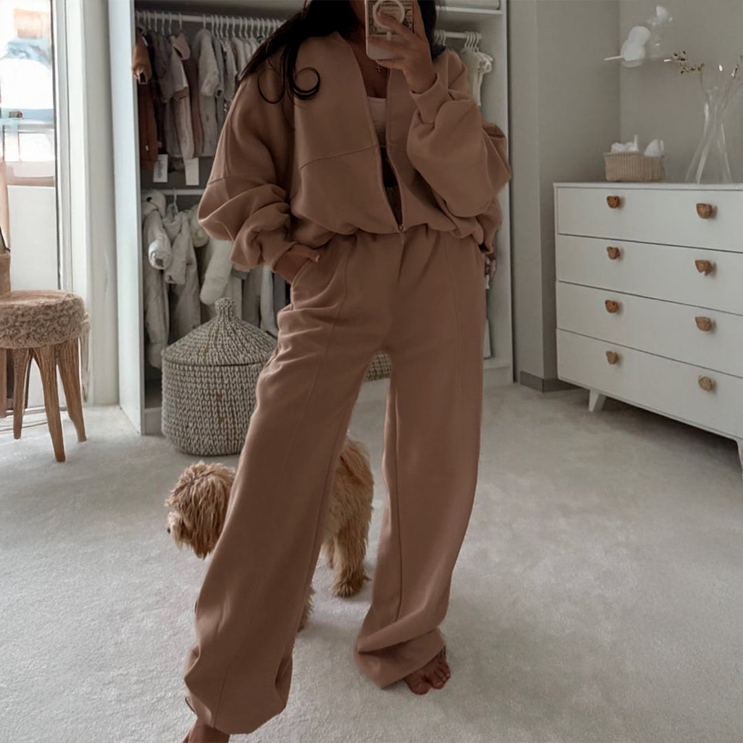 Damen Oversize-Zipjacke und hochgeschnittene Palazzohose aus weichem French-Terry – Auréline