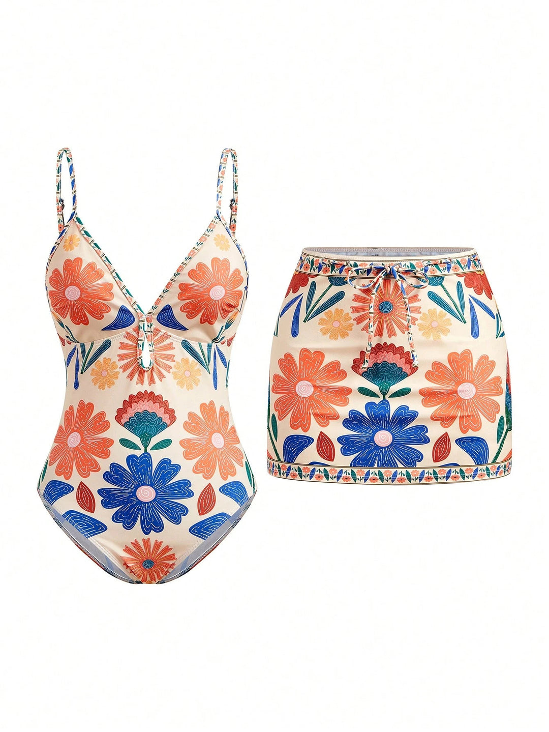 Damen Blumenmuster Badeanzug mit passendem Rock Echo Archiv
