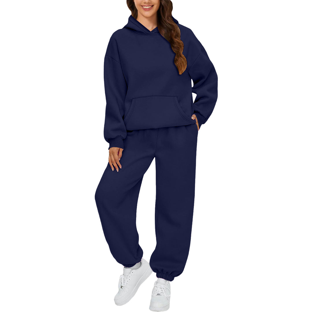 Damen nan gemütliches French-Terry Loungewear-Set mit doppellagiger Kapuze, Kängurutasche und elastischem Knöchel-Jogger Echo Archiv