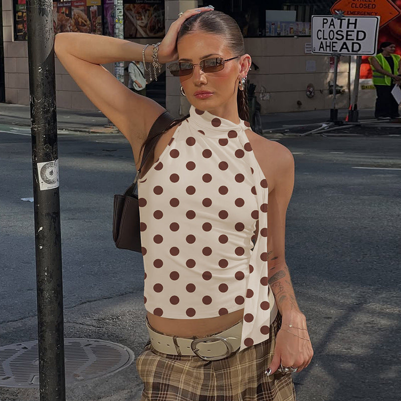 Damen asymmetrisches Polka-Dot-Top mit hohen Schnittlinien und elegantem Halterdesign Echo Archiv