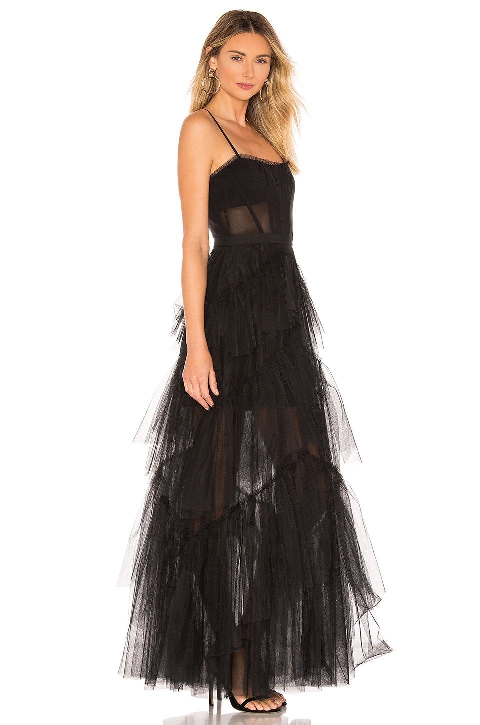 Damen Maxikleid mit mehrlagigem Tüllsaum und transparenter Einsätzen Echo Archiv