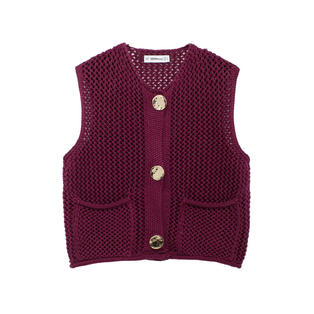 Damen gehäkelte Strickweste mit großen Zierknöpfen und Aufsatztaschen – Veloura
