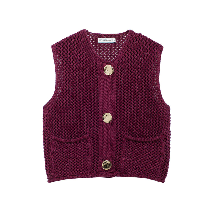 Damen gehäkelte Strickweste mit großen Zierknöpfen und Aufsatztaschen – Veloura