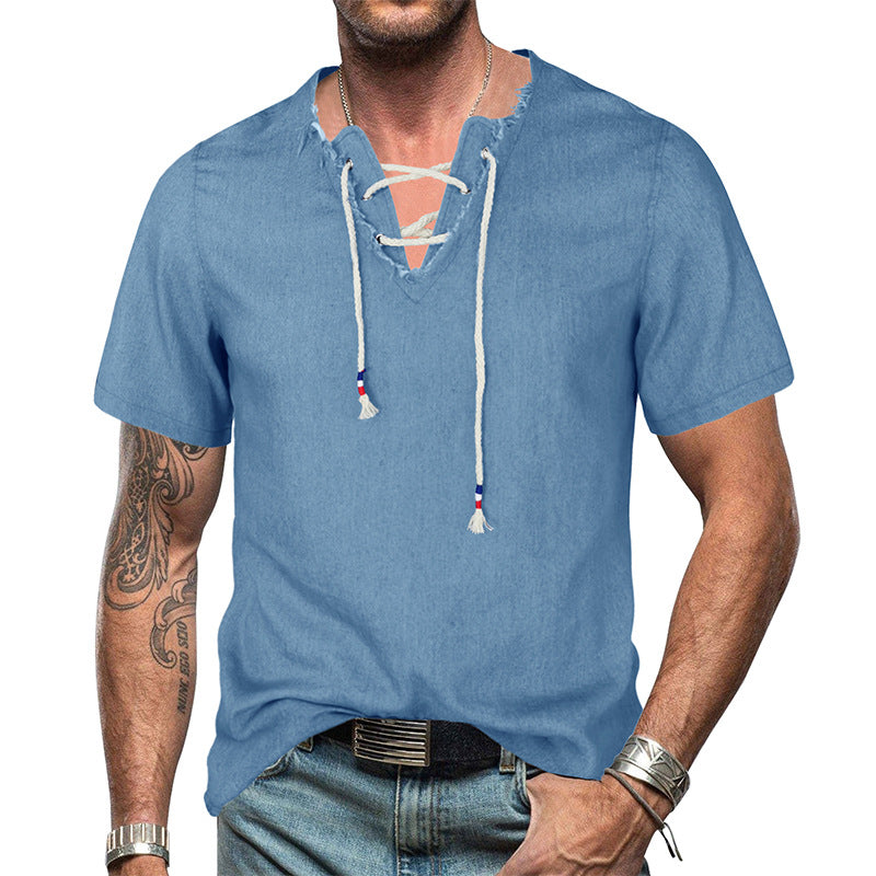 Herren lässiges Kurzarmshirt mit Kordelzug und modischem V-Ausschnitt Echoarchiv