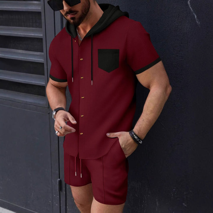 Herren Kurzarm-Hemd und Shorts-Set mit Kapuze Echoarchiv