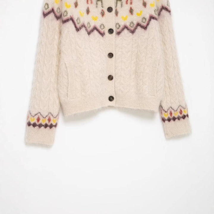 Damen 10+ gemusterte Mohair‑Cardigan mit Norweger‑Motiv, Zopfmuster und Knopfleiste Echo Archiv