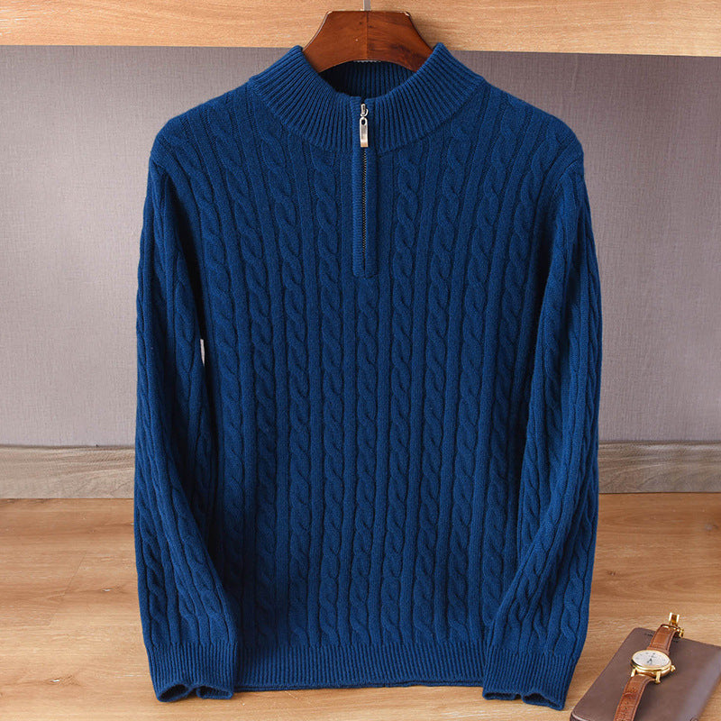 Herren Zopfmuster-Halbzip-Pullover aus weichem Wollmix mit Stehkragen Echoarchiv