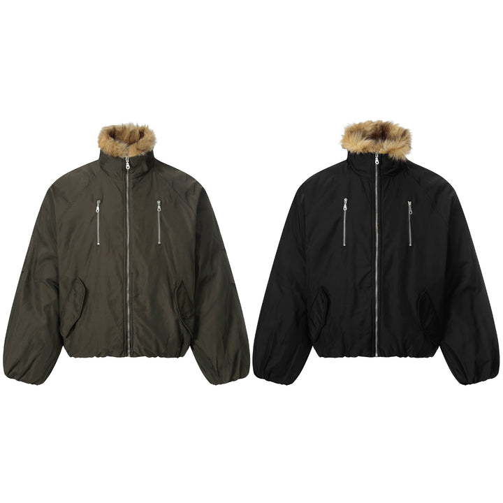 Herren Kurz geschnittener Boxy-Pufferjacke mit Kunstfellkapuze und vertikalen Reißverschlusstaschen Echoarchiv