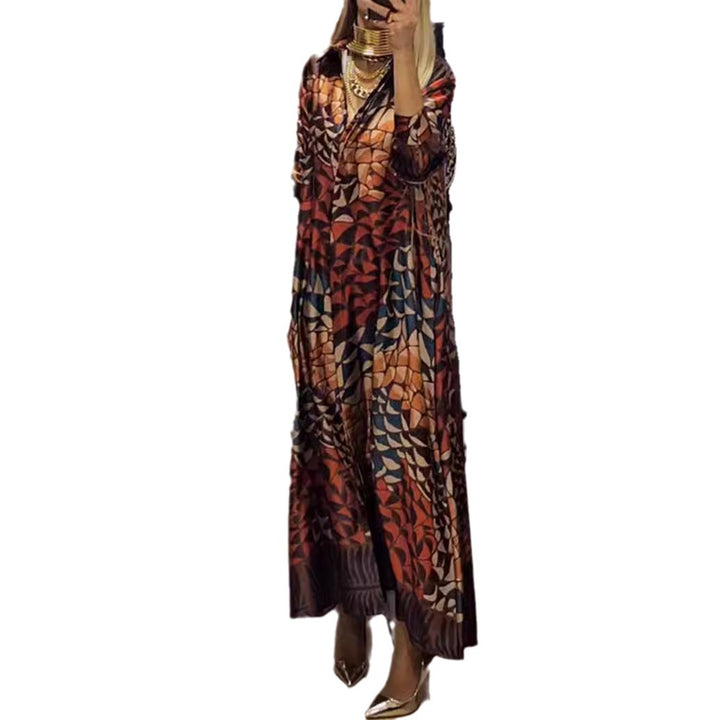 Damen nan fließendes Satin-Hemdkleid mit Hemdkragen, geometrischem Mosaikprint und legerer Maxilänge Echo Archiv
