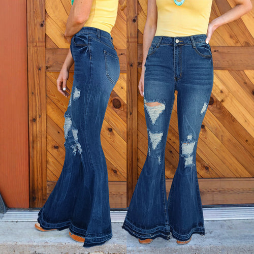 Damen hochtaillierte Destroyed-Flared-Jeans mit sculptendem Komfortbund Echo Archiv