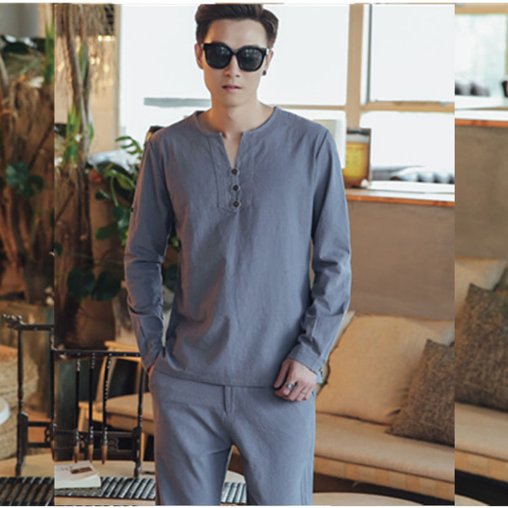 Herren Langärmeliges Henley-Hemd mit Stehkragen, Kurzknopfleiste und Relaxed Fit Echoarchiv